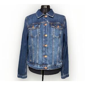 Loft Medium Wash Blue Denim Jean Jacket Womens Large Bronze Buttons Cowgirl Coat